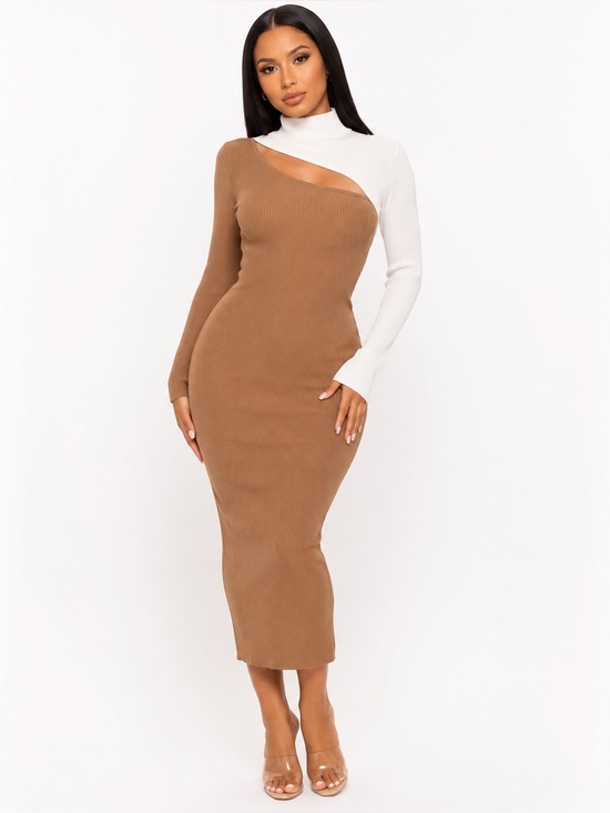 Fashion Nova Dresses & Skirts - Fashion Nova Rib Knit Colorblock Cutout Midi Dress Size L